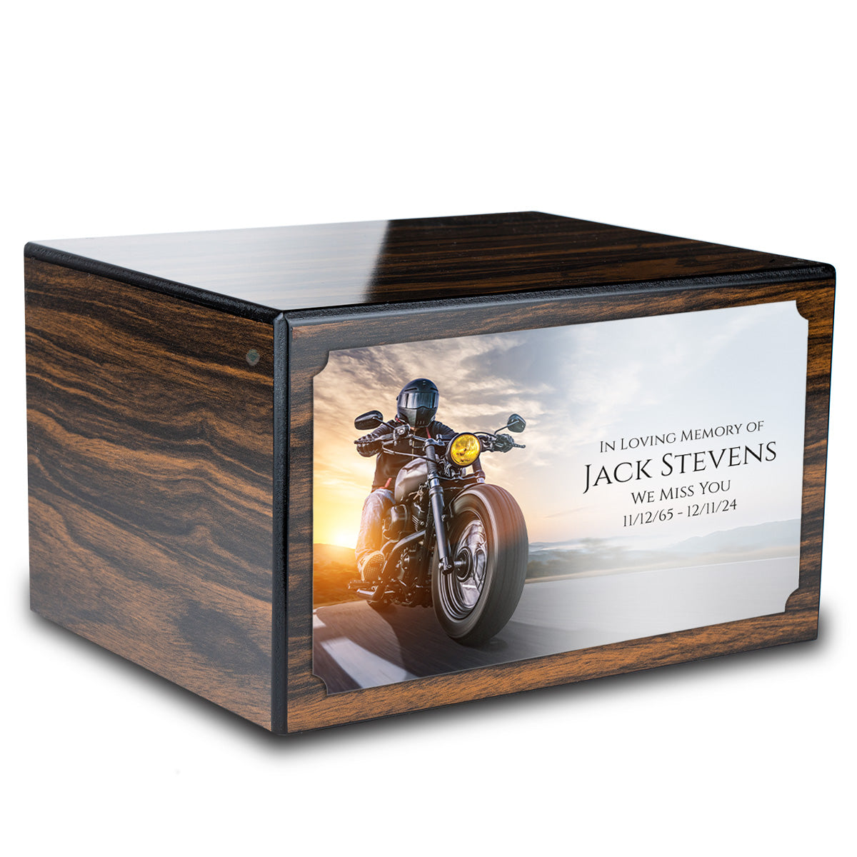 Custom Printed Heritage Espresso Motorcycle Wood Box Cremation Urn