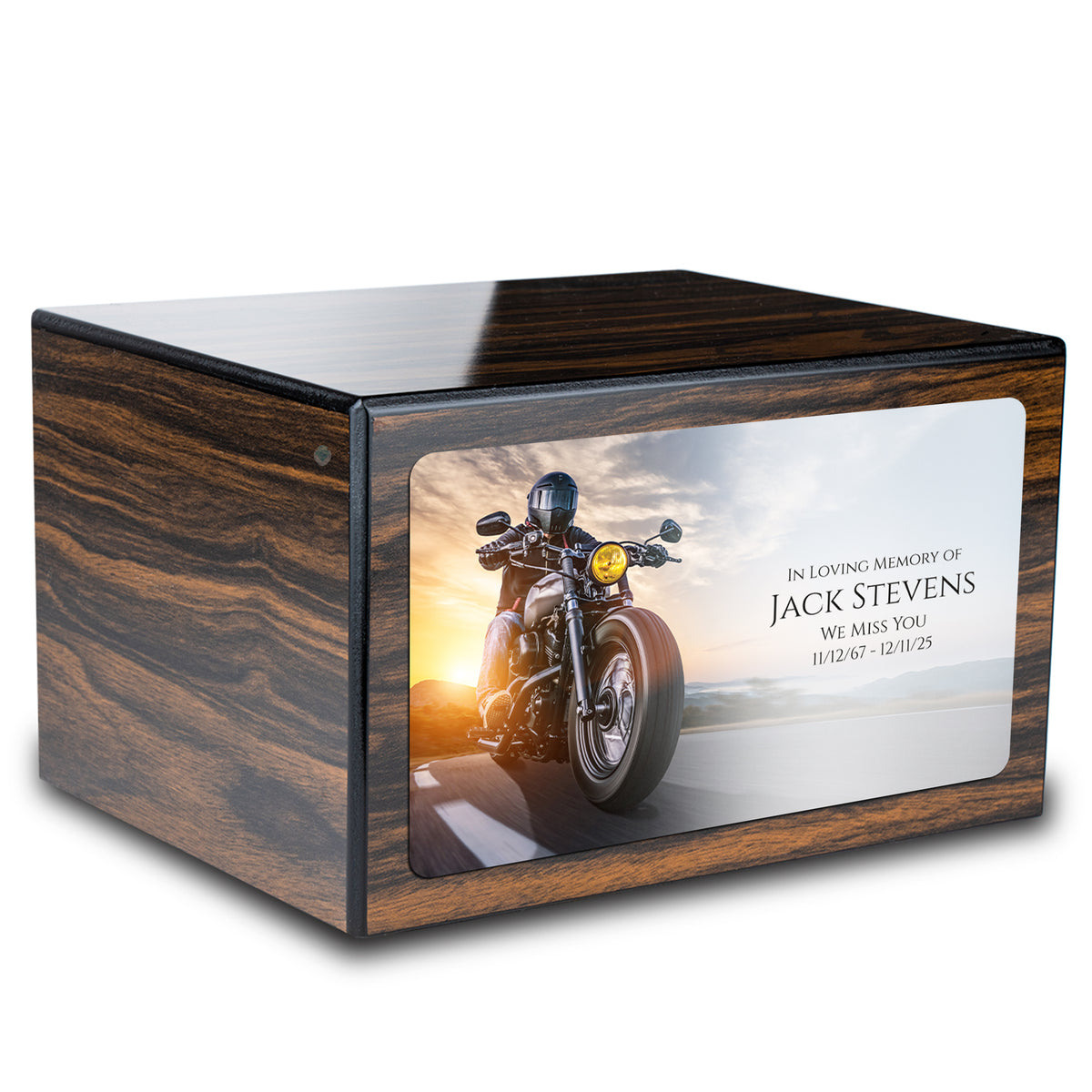 Custom Printed Heritage Espresso Motorcycle Wood Box Cremation Urn