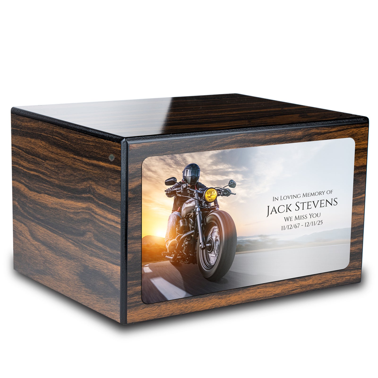 Custom Printed Heritage Espresso Motorcycle Wood Box Cremation Urn