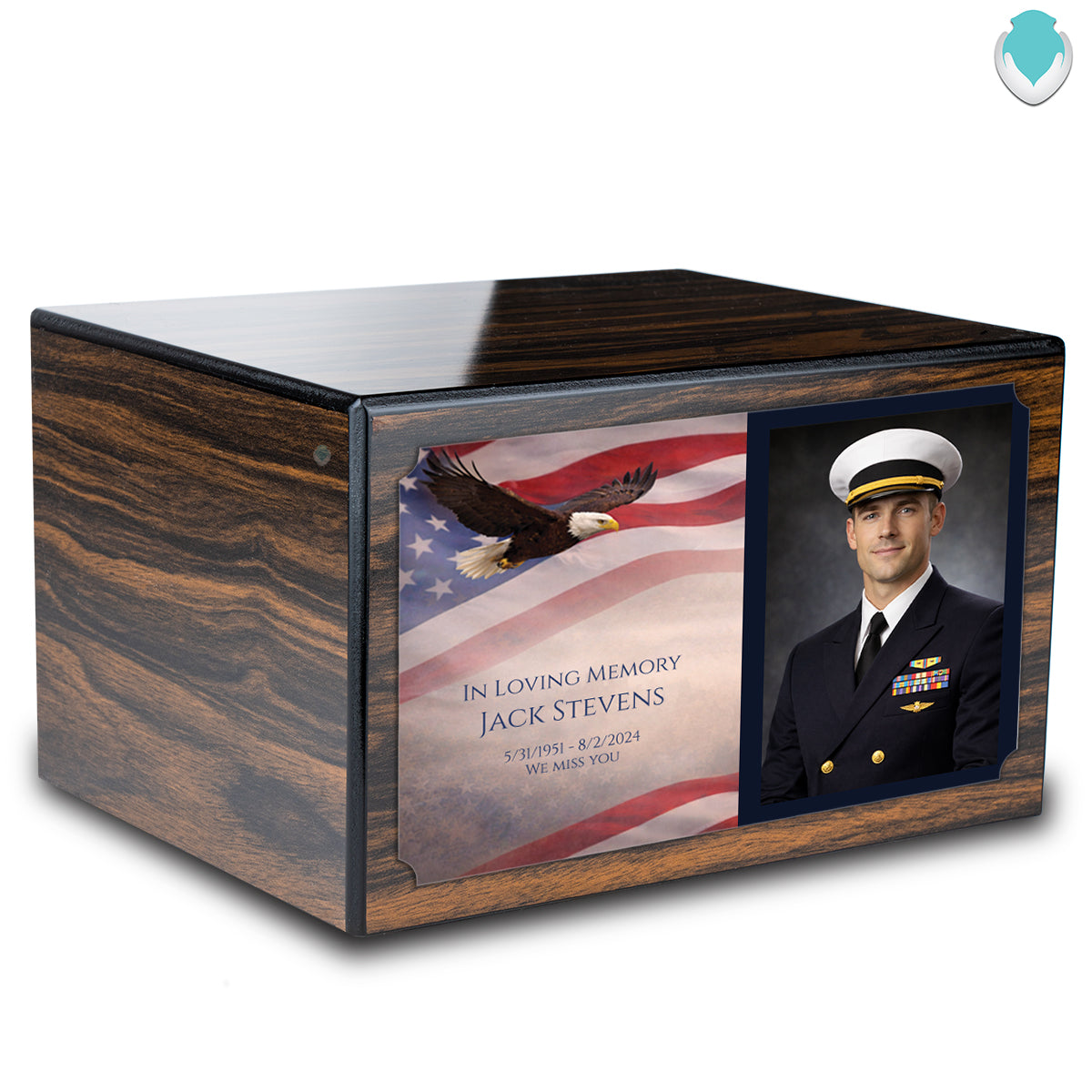 Custom Printed Heritage Espresso Photo American Glory Wood Box Cremation Urn