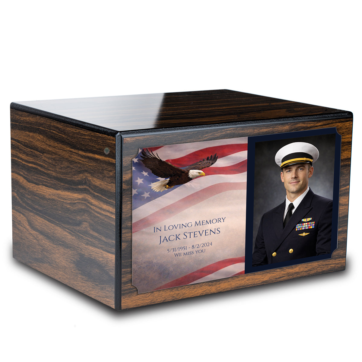 Custom Printed Heritage Espresso Photo American Glory Wood Box Cremation Urn