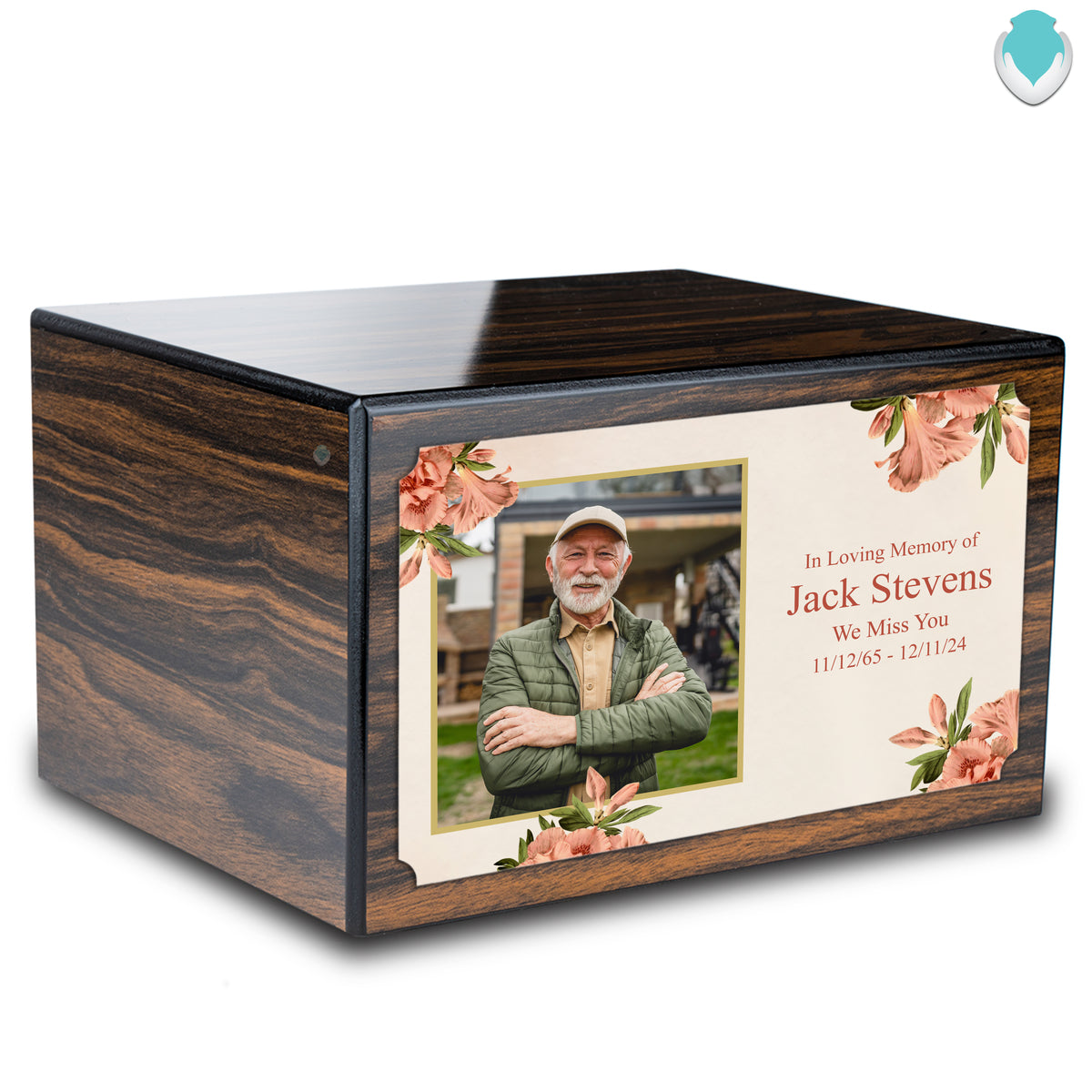Custom Printed Heritage Espresso Azalea Flower Wood Box Cremation Urn