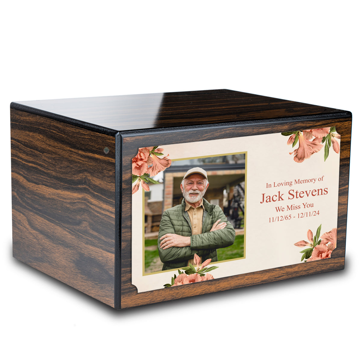 Custom Printed Heritage Espresso Azalea Flower Wood Box Cremation Urn