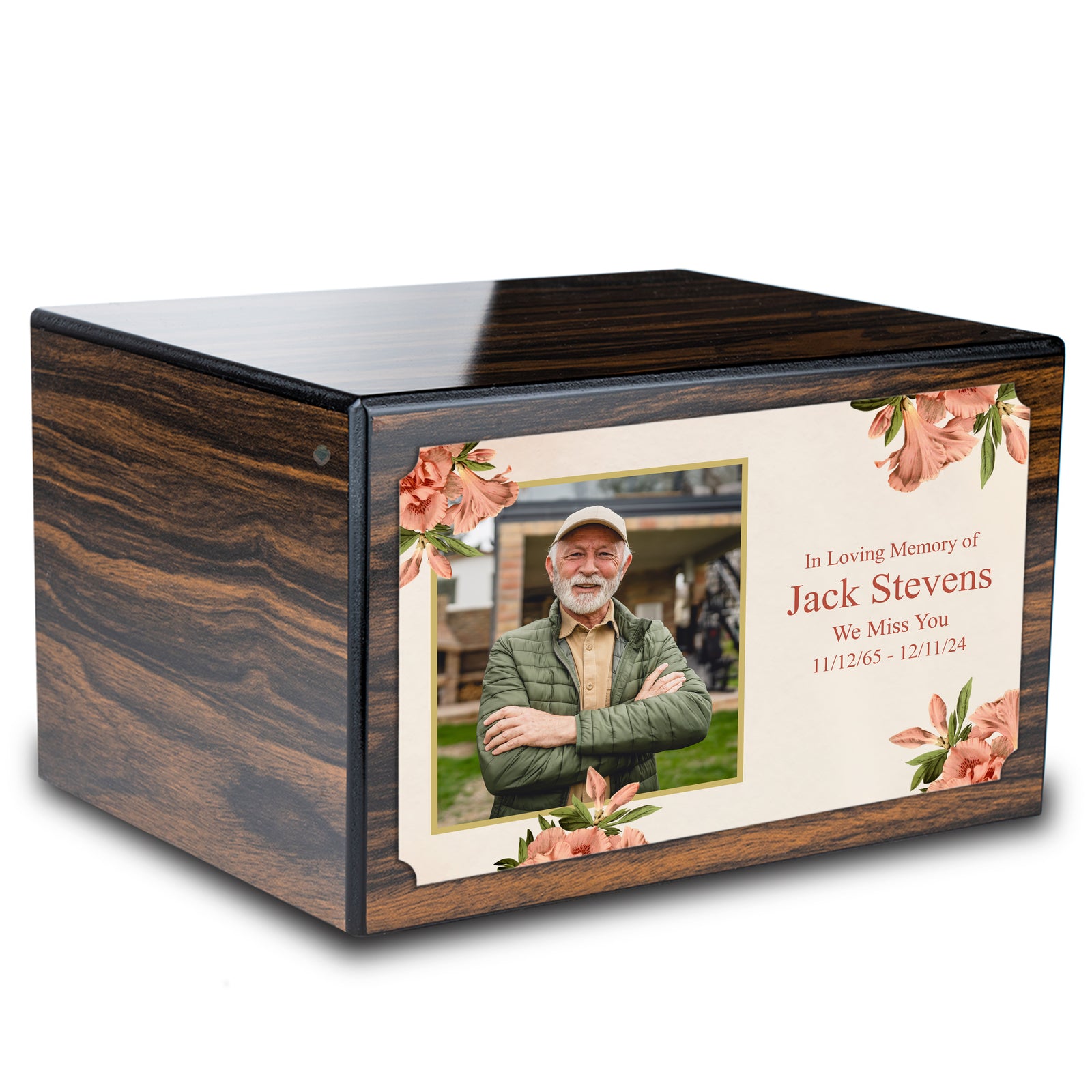 Custom Printed Heritage Espresso Azalea Flower Wood Box Cremation Urn