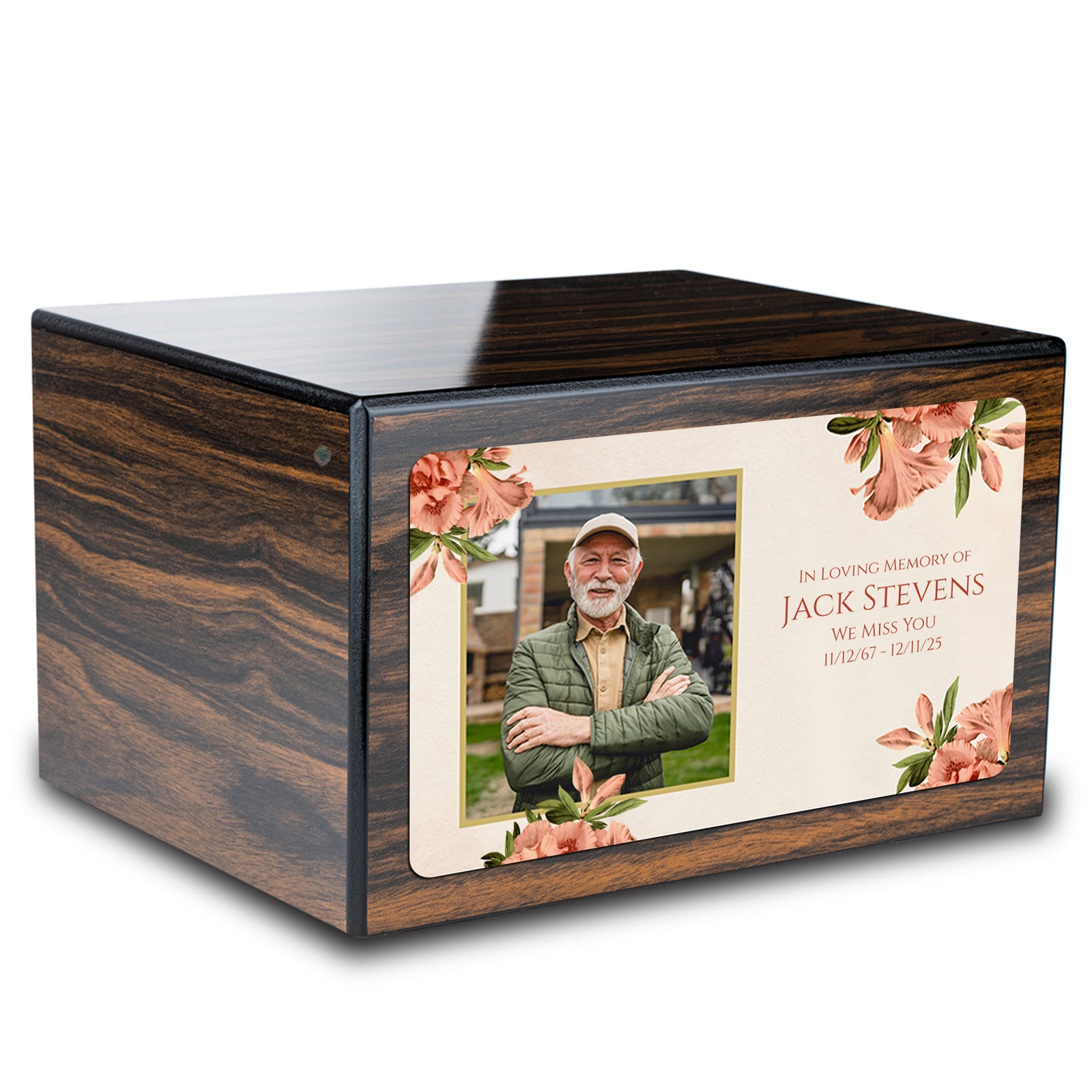 Custom Printed Heritage Espresso Azalea Flower Wood Box Cremation Urn
