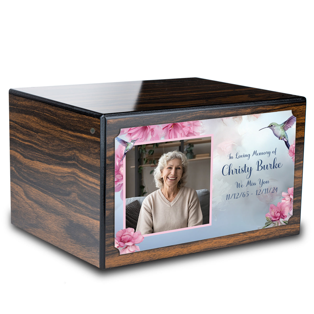 Custom Printed Heritage Espresso Photo Hummingbird Wood Box Cremation Urn