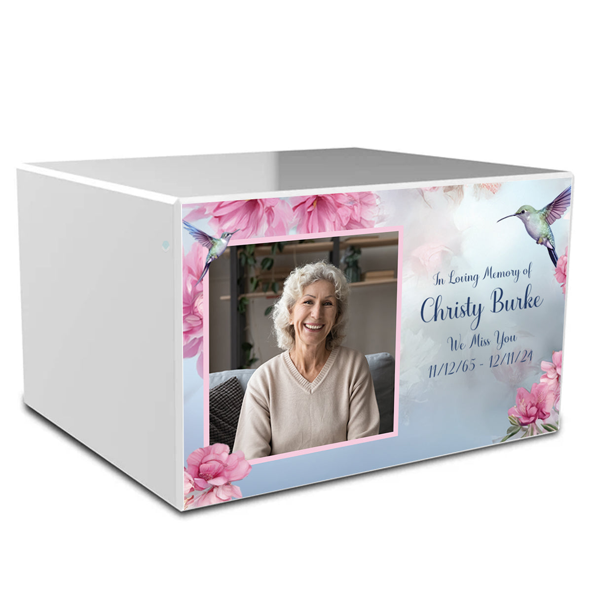 Custom Printed Heritage Photo Hummingbird Wood Box Cremation Urn