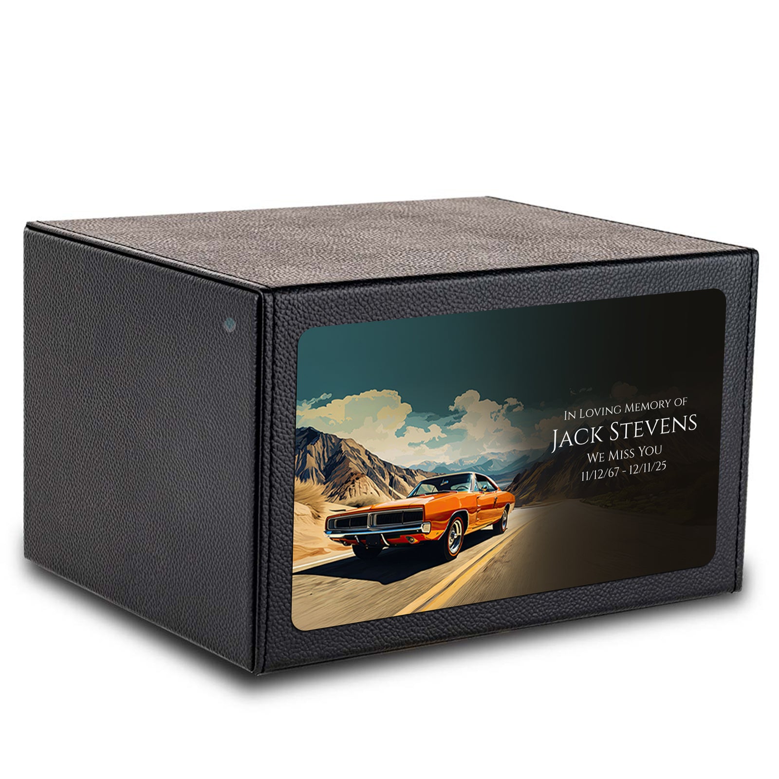 Custom Printed Heritage Leather Classic Car Wood Box Cremation Urn