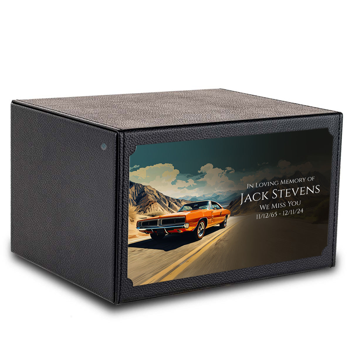 Custom Printed Heritage Leather Classic Car Wood Box Cremation Urn