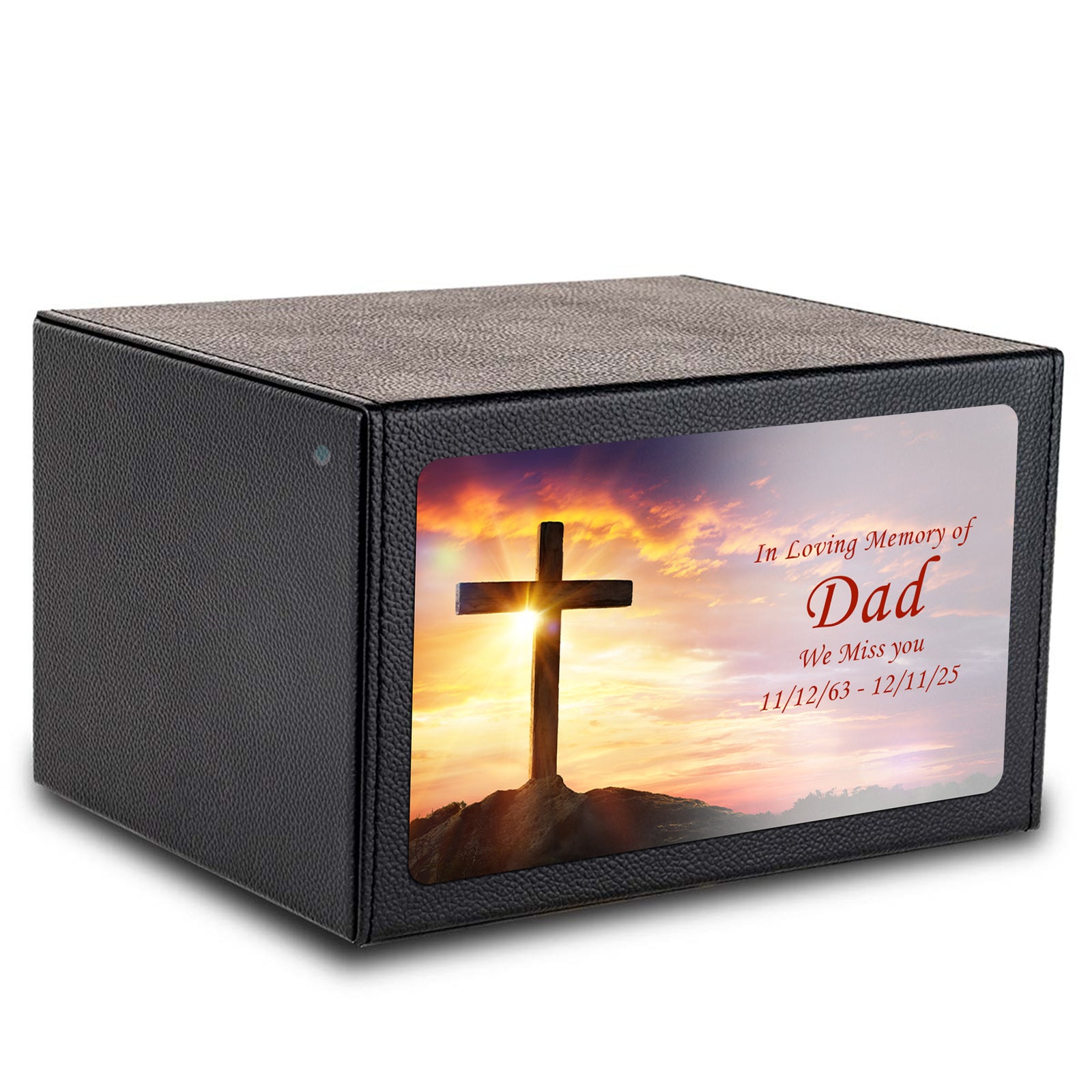 Custom Printed Heritage Leather Cross Wood Box Cremation Urn