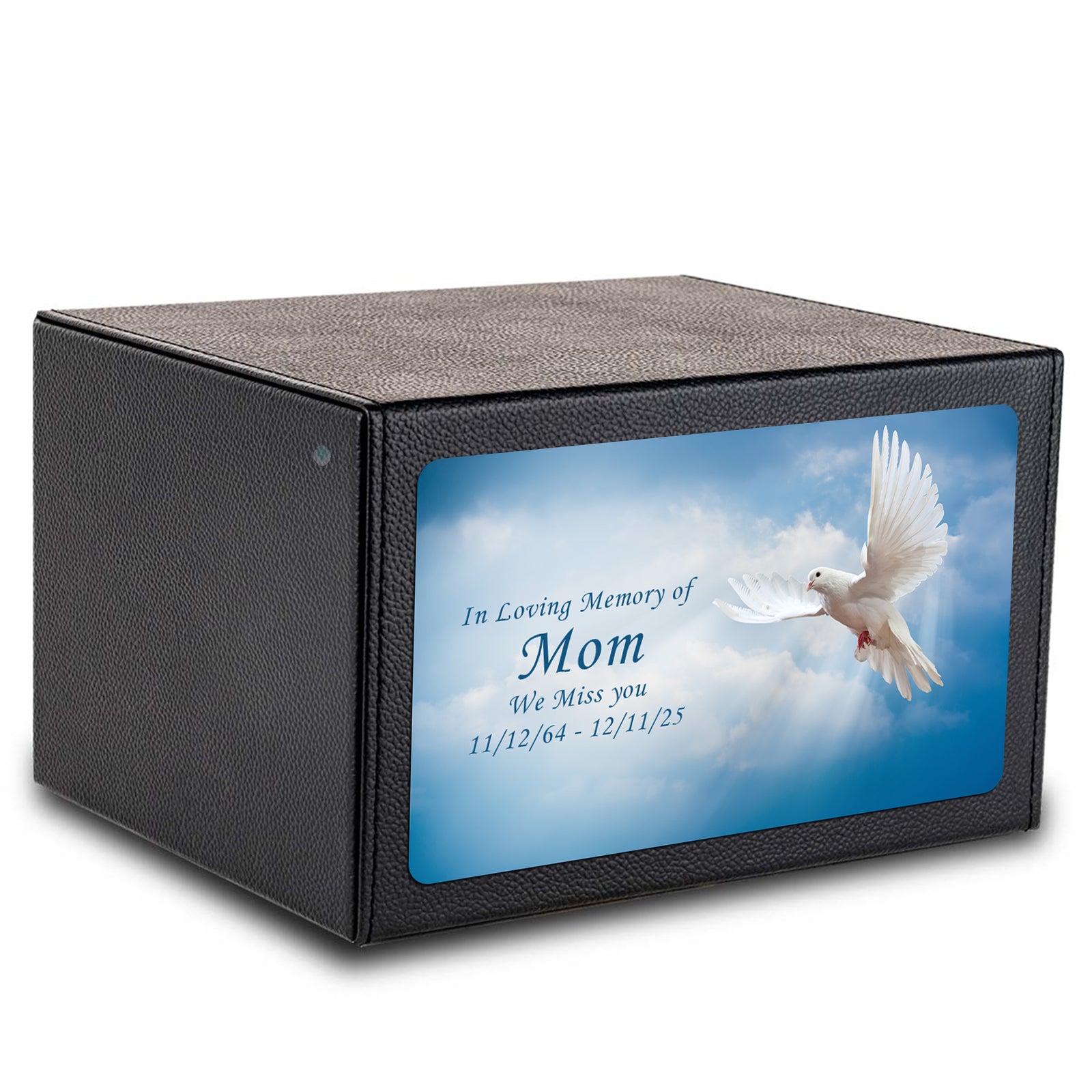 Custom Printed Heritage Leather Dove Wood Box Cremation Urn