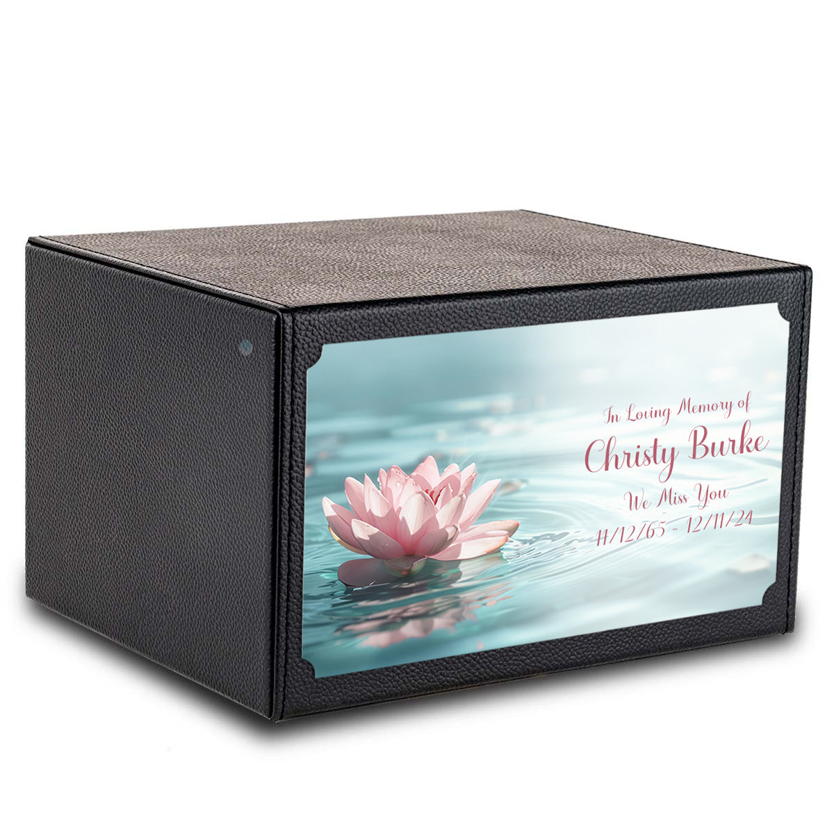Custom Printed Heritage Leather Lotus Flower Wood Box Cremation Urn