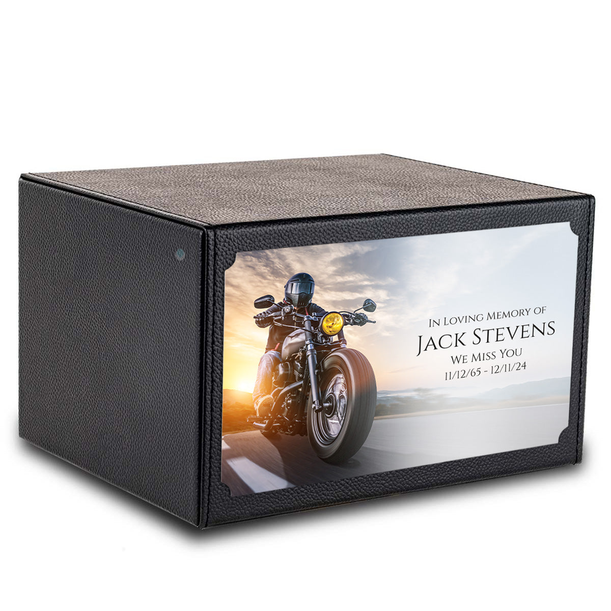 Custom Printed Heritage Leather Motorcycle Wood Box Cremation Urn