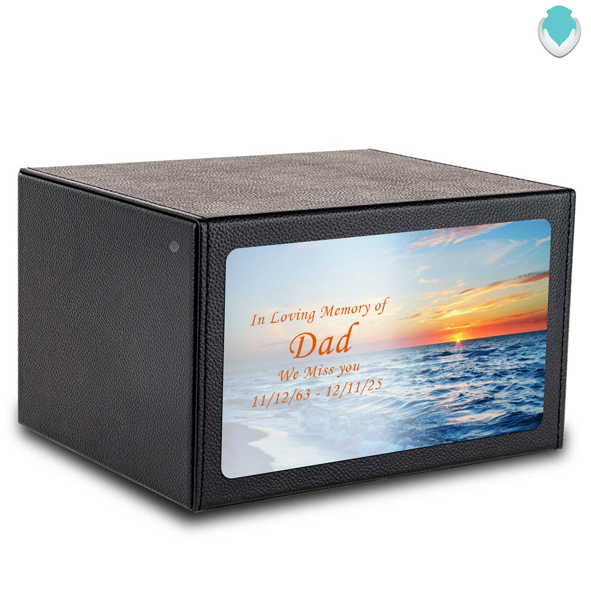 Custom Printed Heritage Leather Ocean Sunset Wood Box Cremation Urn