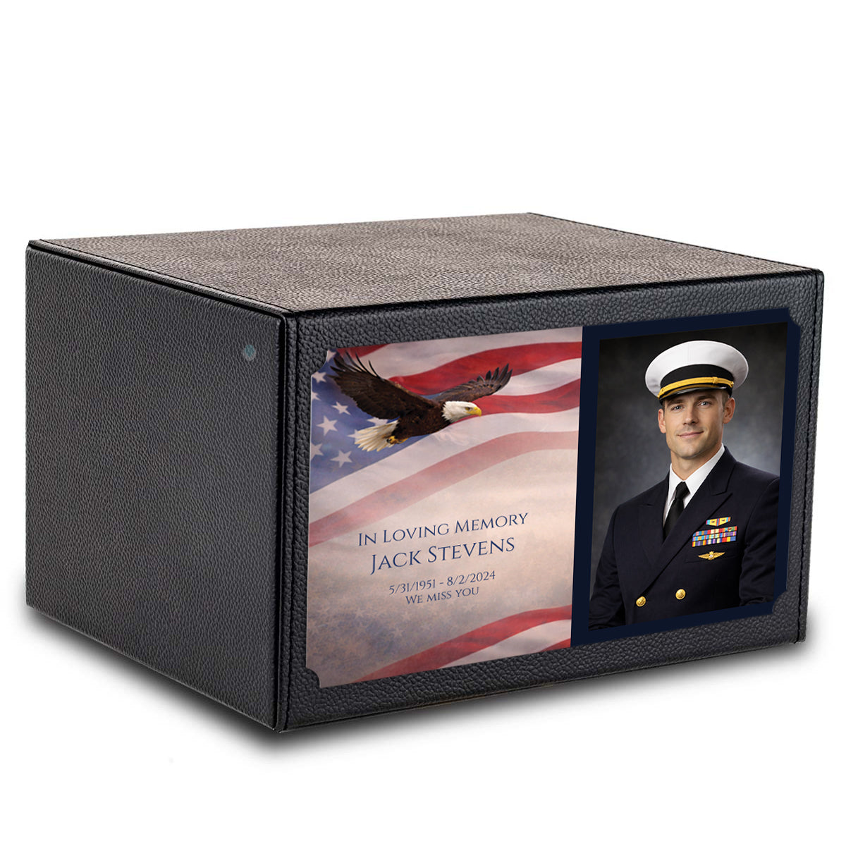 Custom Printed Heritage Photo Leather American Glory Wood Box Cremation Urn