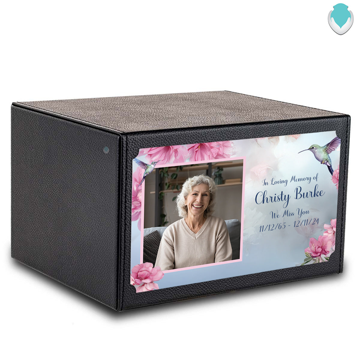 Custom Printed Heritage Leather Photo Hummingbird Wood Box Cremation Urn
