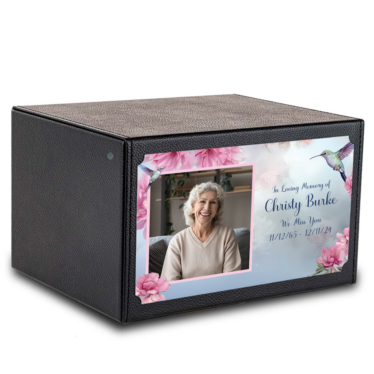 Custom Printed Heritage Leather Photo Hummingbird Wood Box Cremation Urn