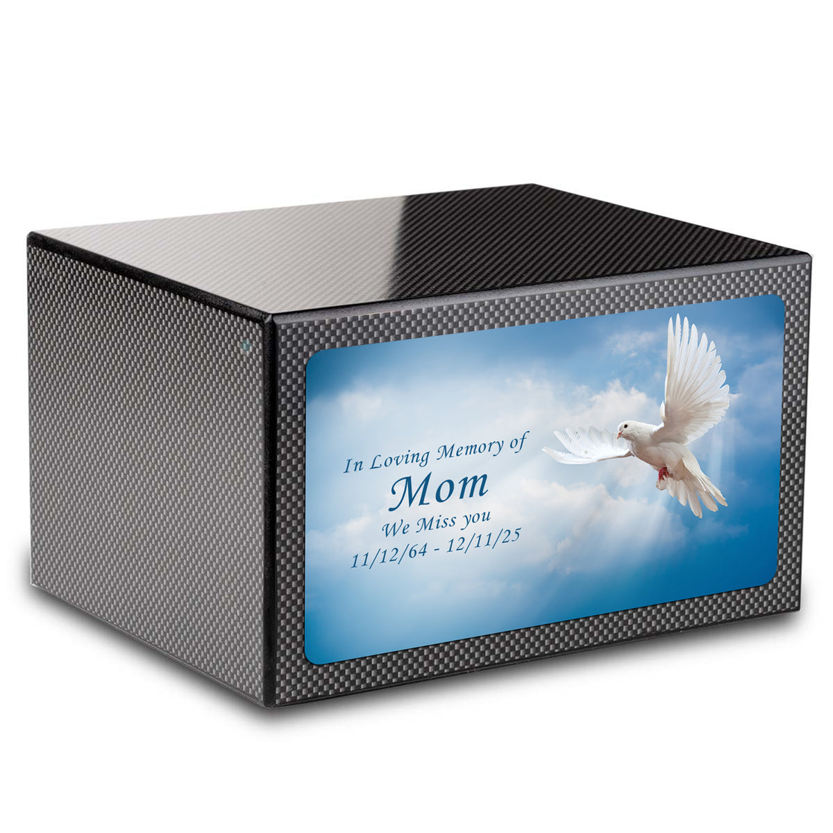 Custom Printed Heritage Carbon Fiber Dove Wood Box Cremation Urn