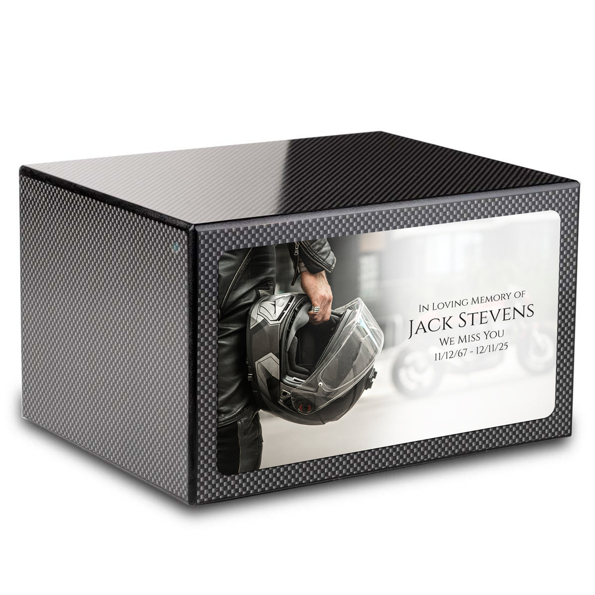 Custom Printed Heritage Carbon Fiber Motorcycle Helmet Wood Box Cremation Urn