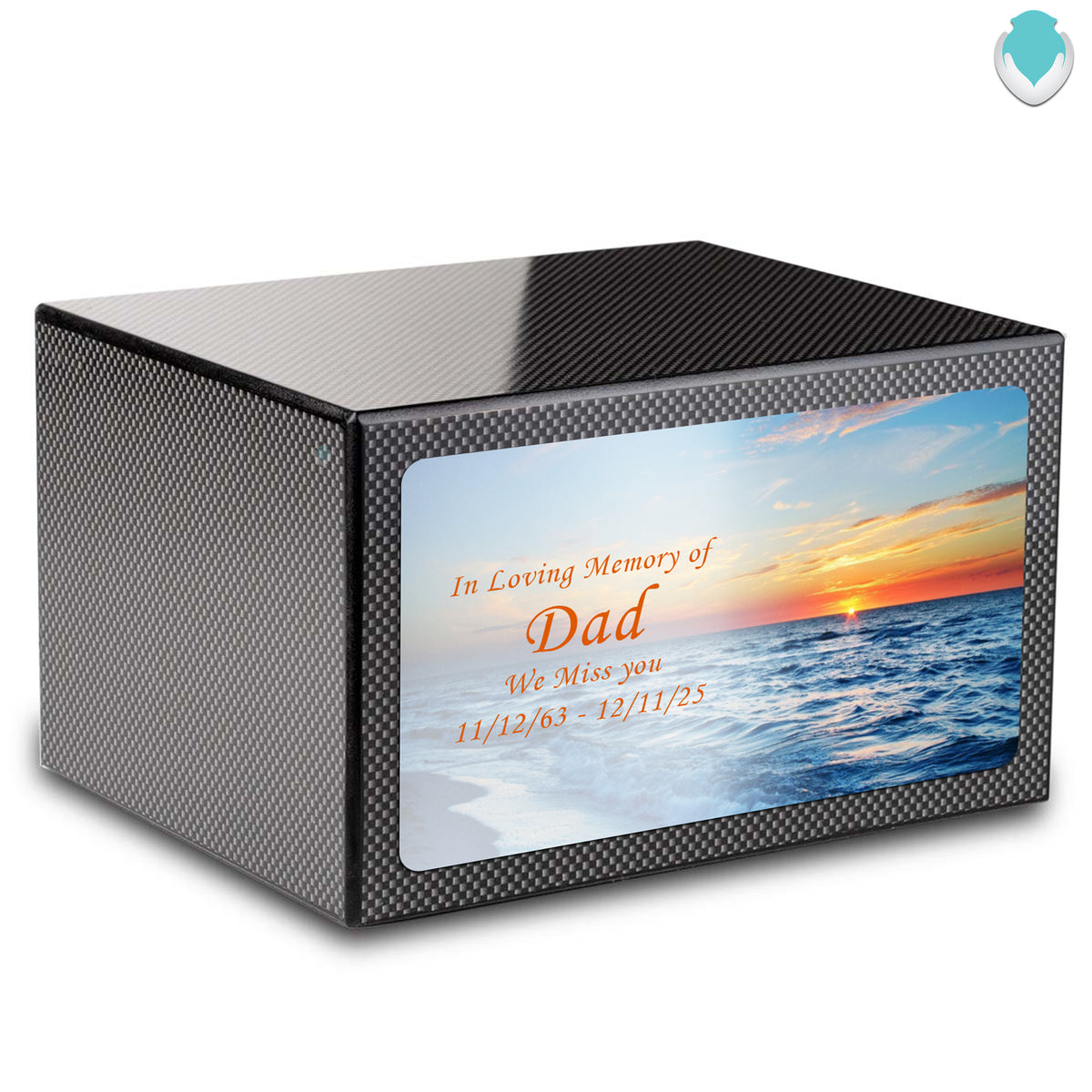 Custom Printed Heritage Carbon Fiber Ocean Sunset Wood Box Cremation Urn