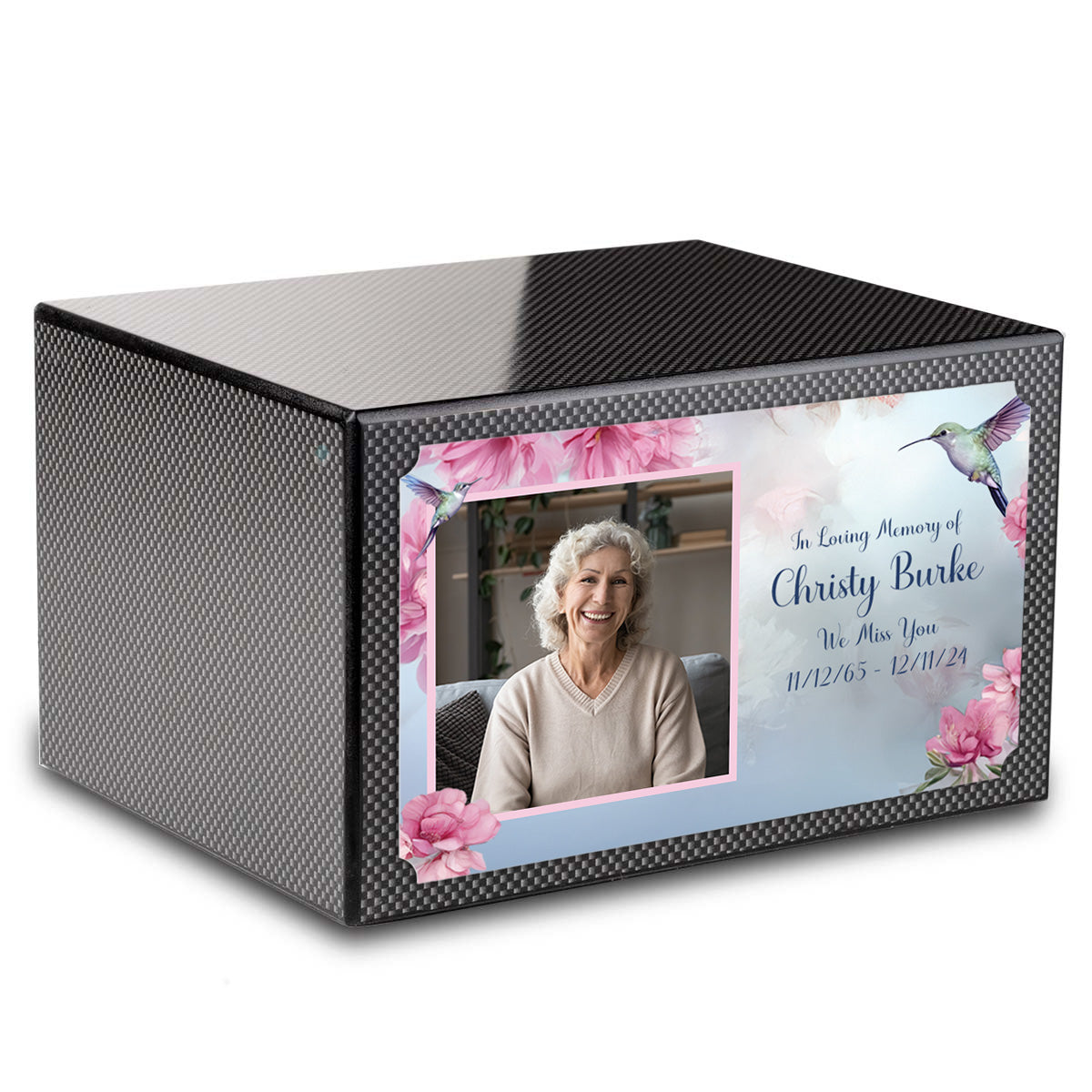 Custom Printed Heritage Carbon Fiber Photo Hummingbird Wood Box Cremation Urn