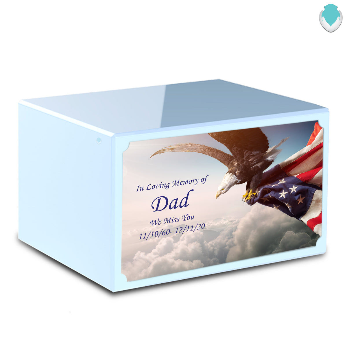 Custom Printed Heritage Light Blue American Eagle Wood Box Cremation Urn