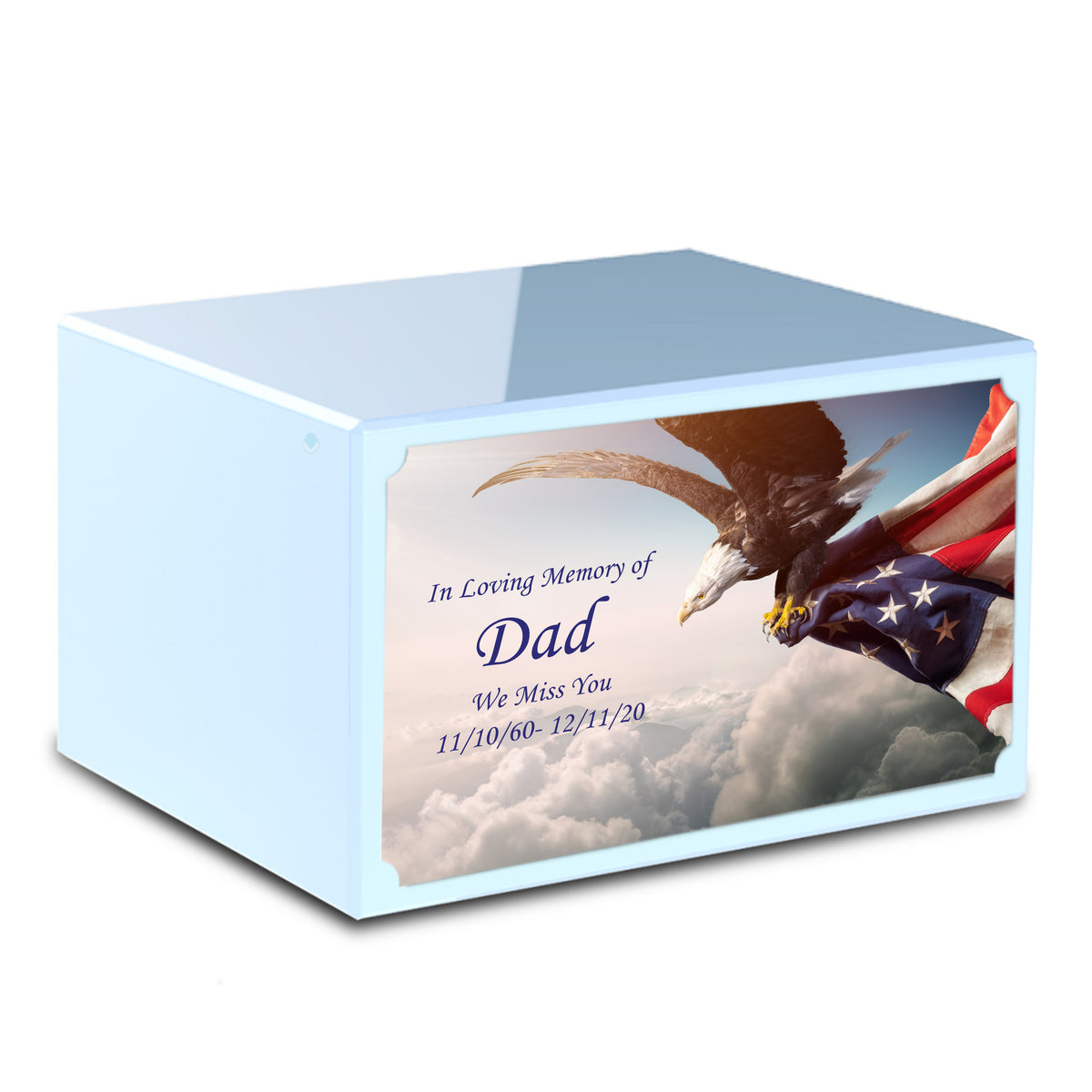 Custom Printed Heritage Light Blue American Eagle Wood Box Cremation Urn