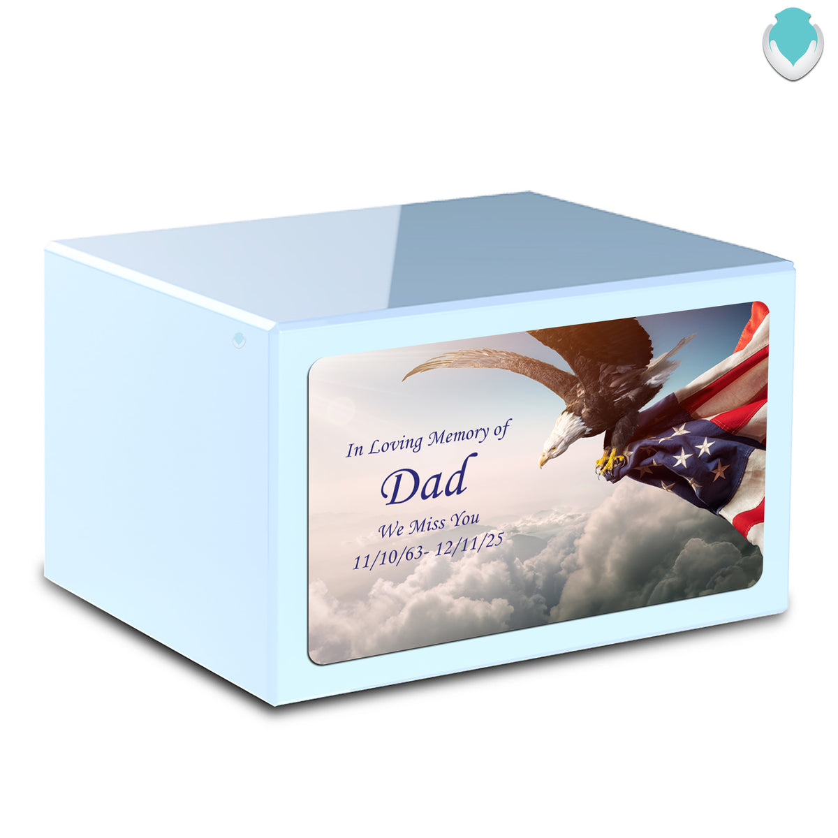 Custom Printed Heritage Light Blue American Eagle Wood Box Cremation Urn