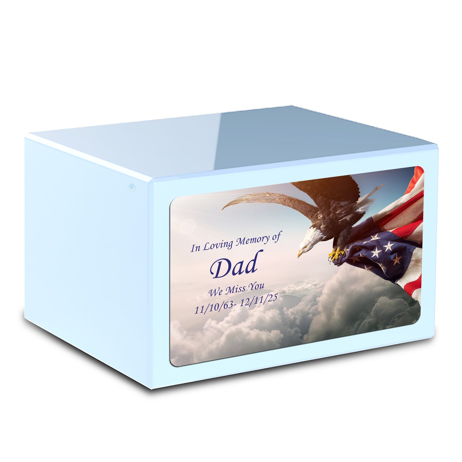 Custom Printed Heritage Light Blue American Eagle Wood Box Cremation Urn