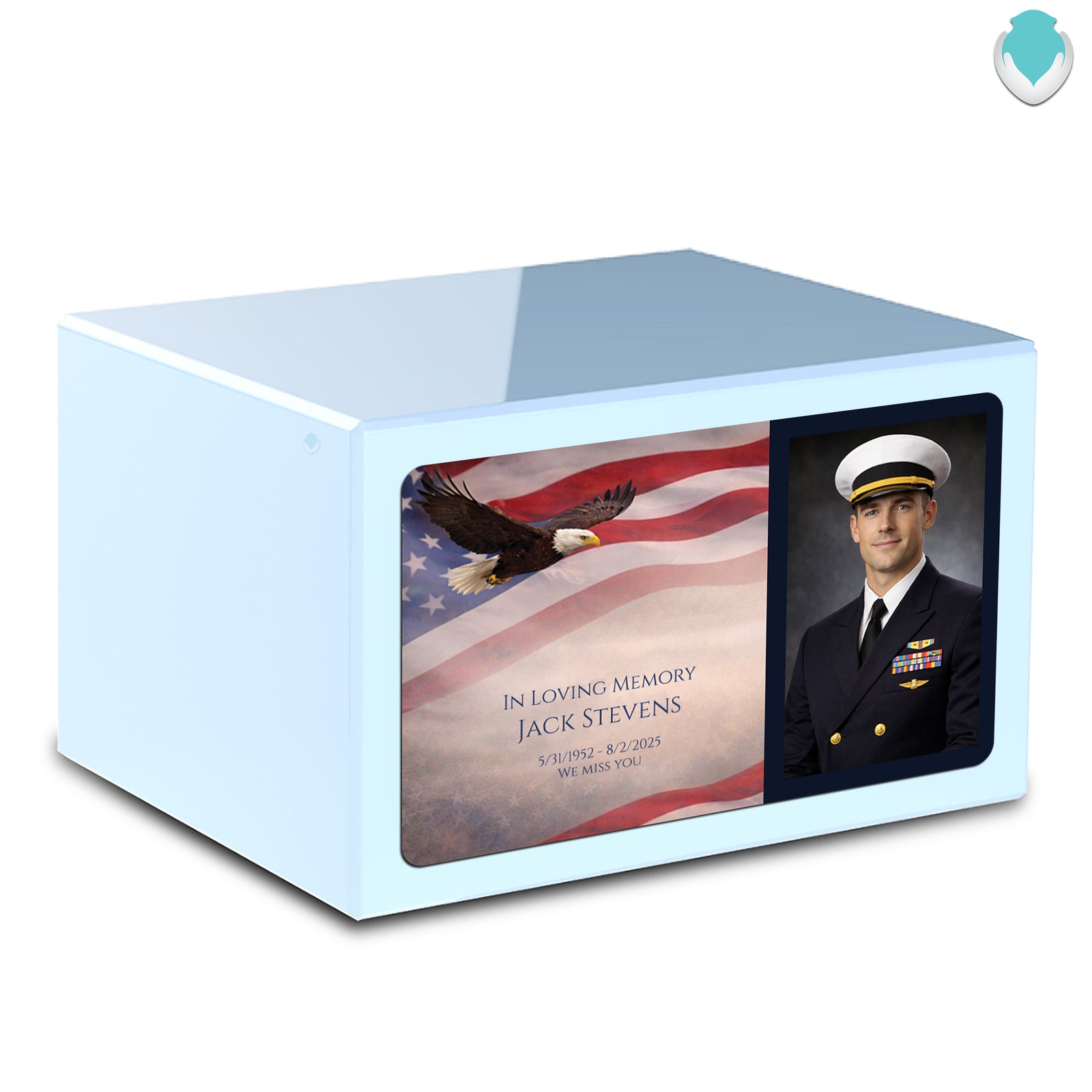 Custom Printed Heritage Light Blue Photo American Glory Wood Box Cremation Urn