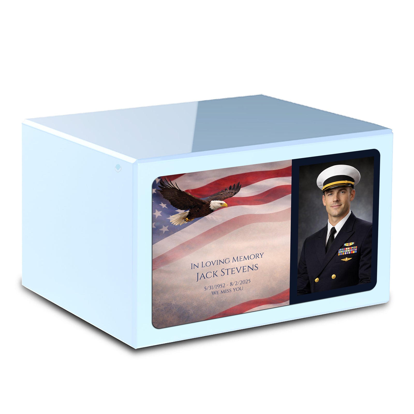 Custom Printed Heritage Light Blue Photo American Glory Wood Box Cremation Urn