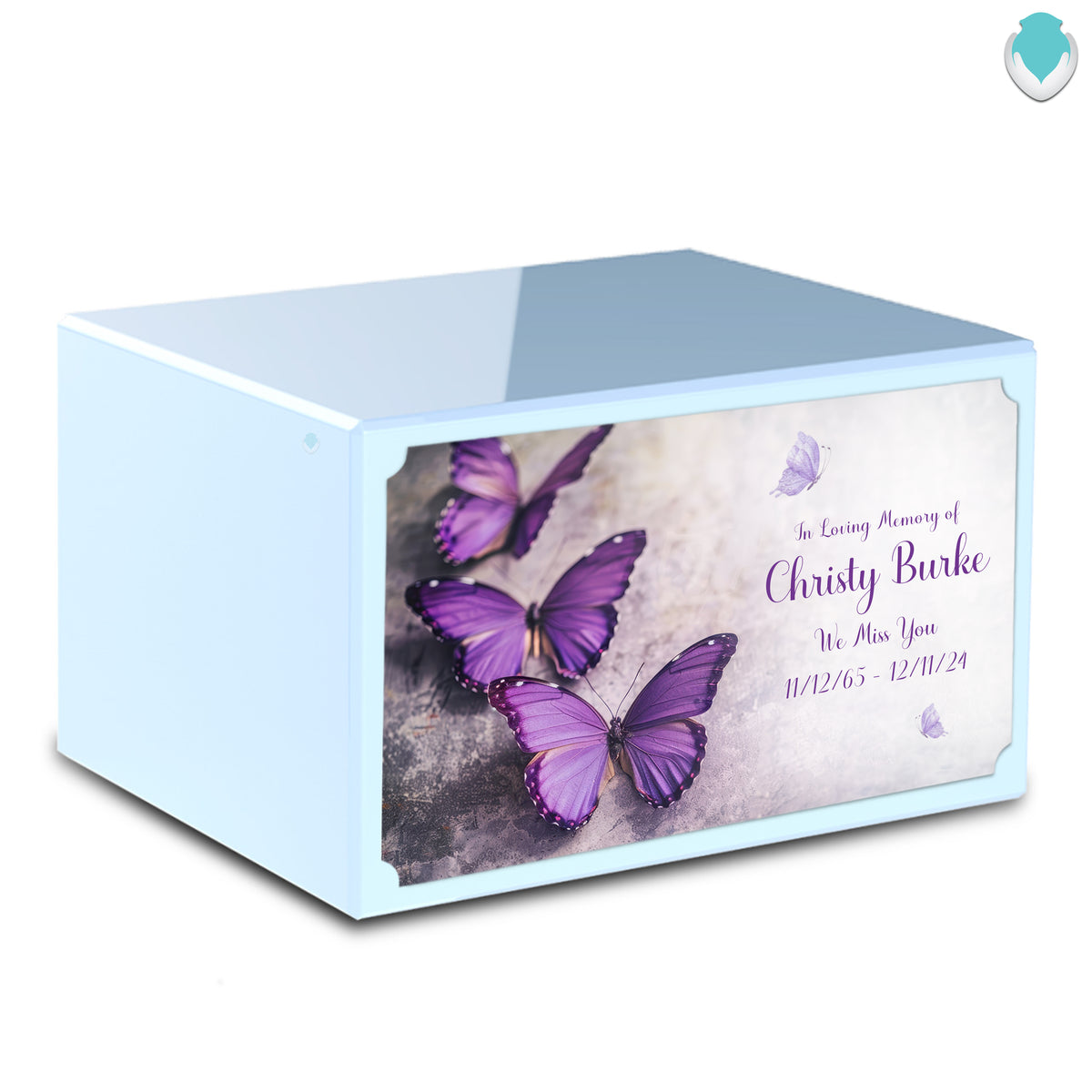 Custom Printed Heritage Light Blue Butterflies Wood Box Cremation Urn