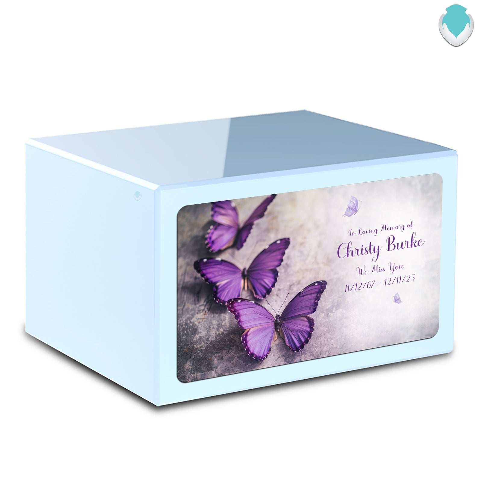 Custom Printed Heritage Light Blue Butterflies Wood Box Cremation Urn