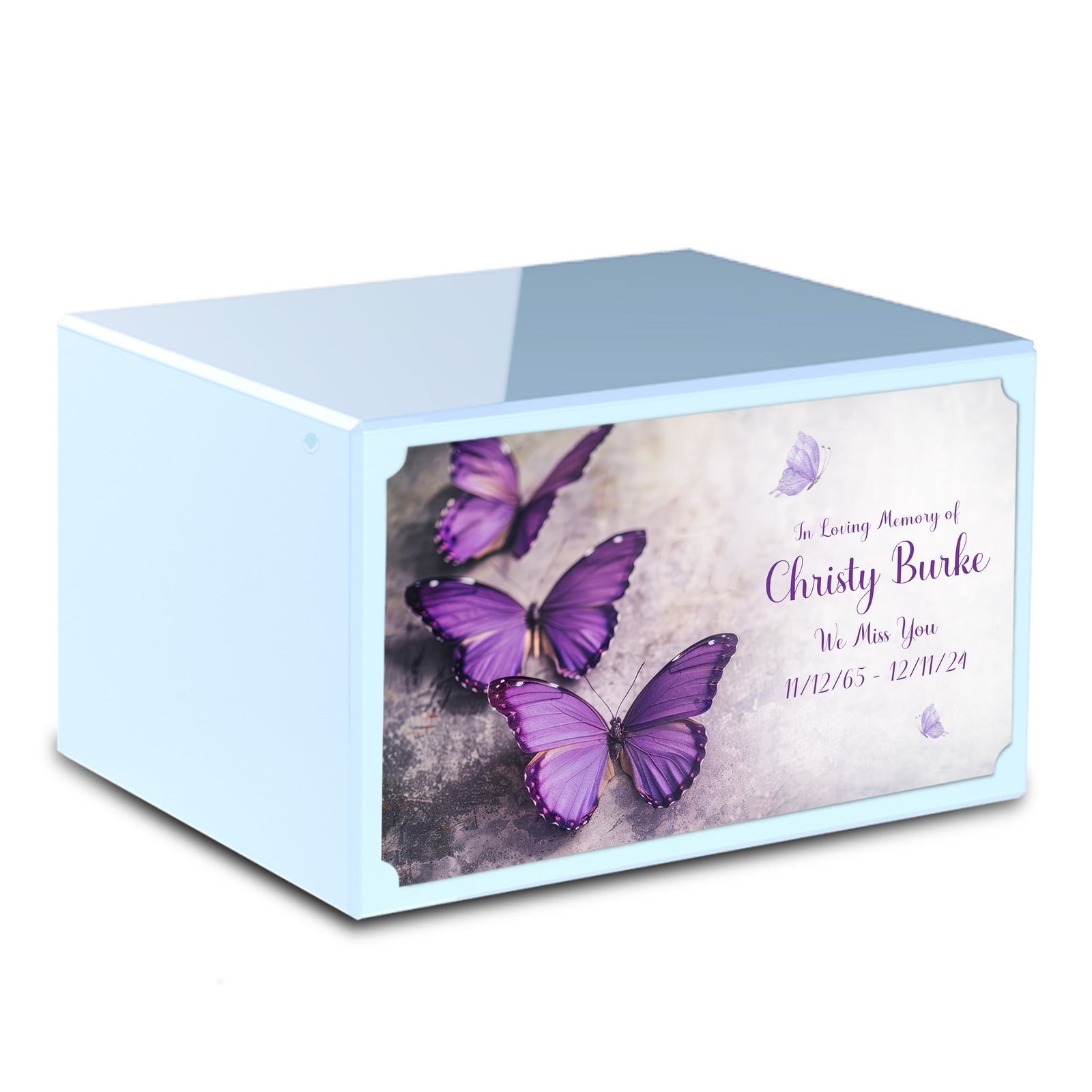 Custom Printed Heritage Light Blue Butterflies Wood Box Cremation Urn