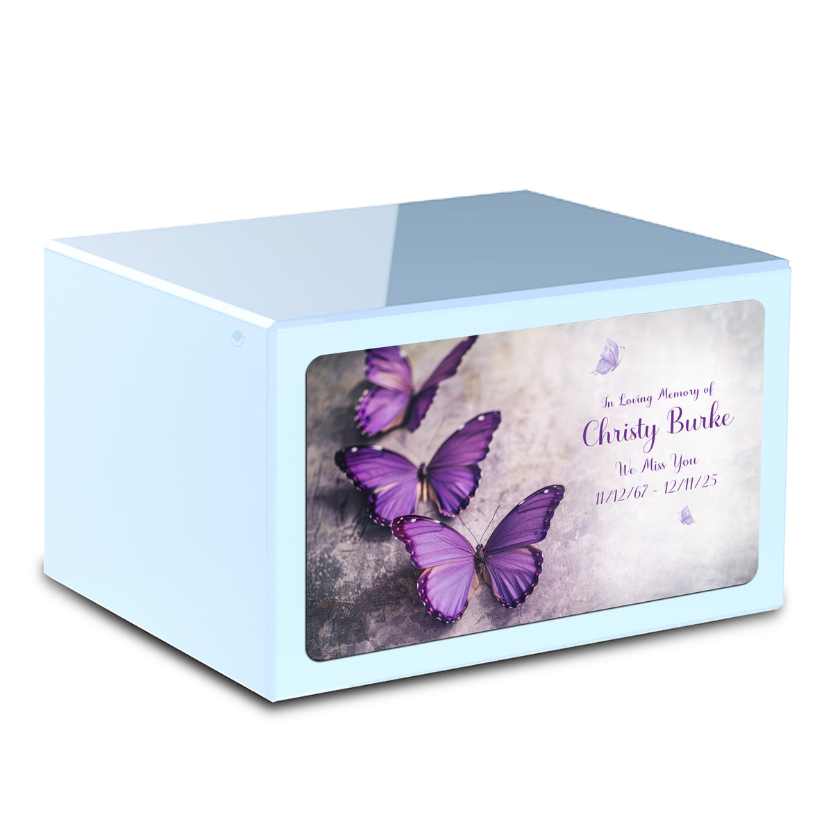 Custom Printed Heritage Light Blue Butterflies Wood Box Cremation Urn