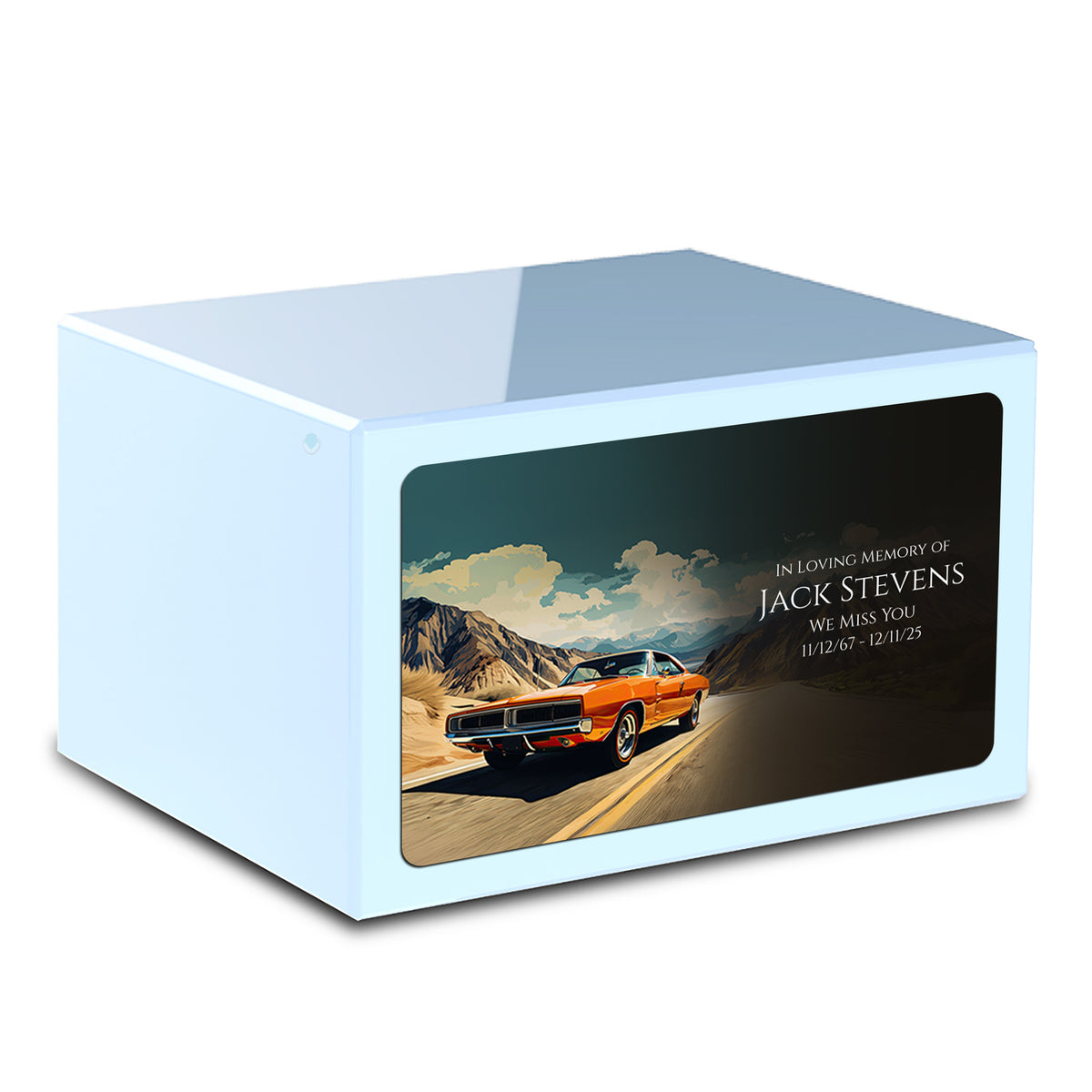 Custom Printed Heritage Light Blue Classic Car Wood Box Cremation Urn