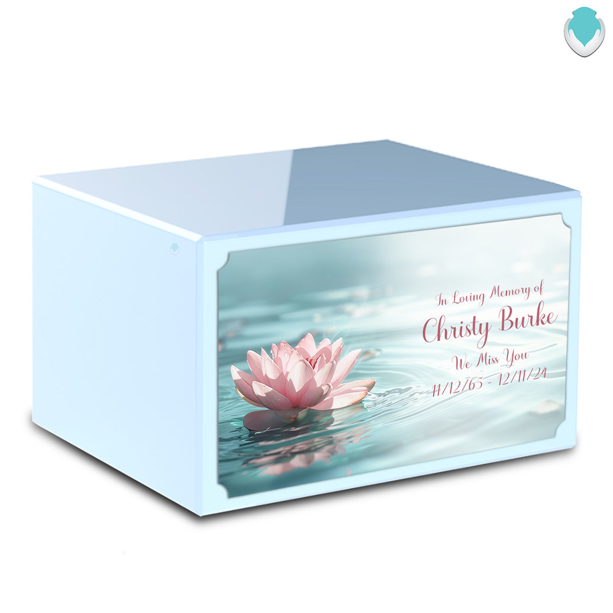 Custom Printed Heritage Light Blue Lotus Flower Wood Box Cremation Urn