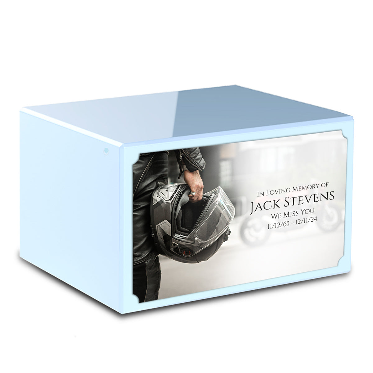 Custom Printed Heritage Light Blue Motorcycle Helmet Wood Cremation Urn Box