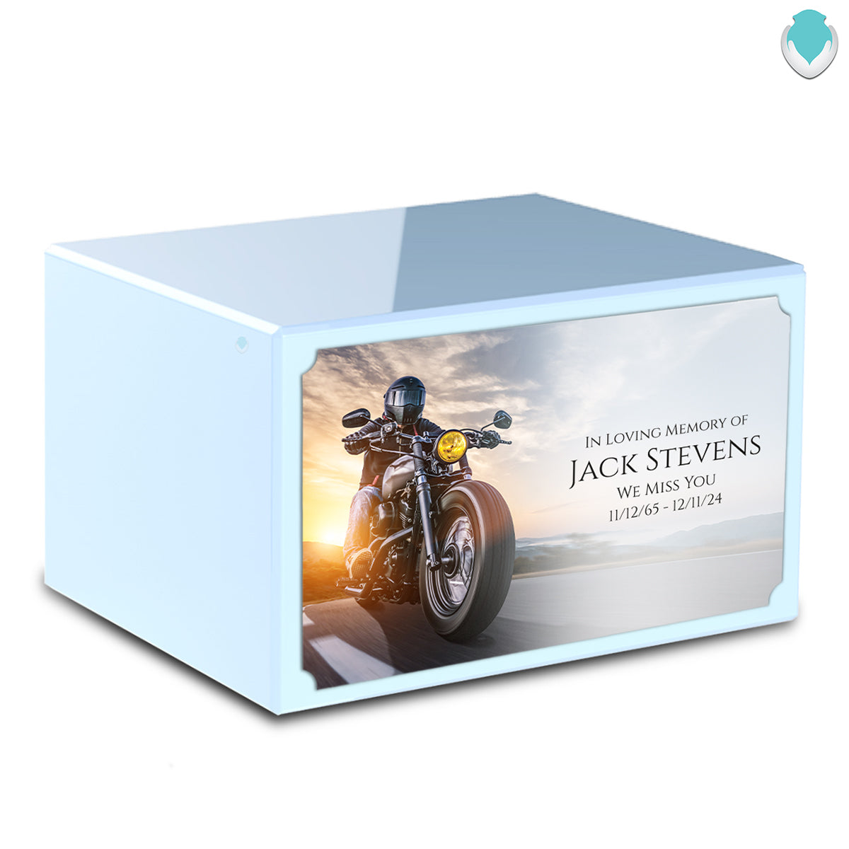 Custom Printed Heritage Light Blue Motorcycle Wood Box Cremation Urn