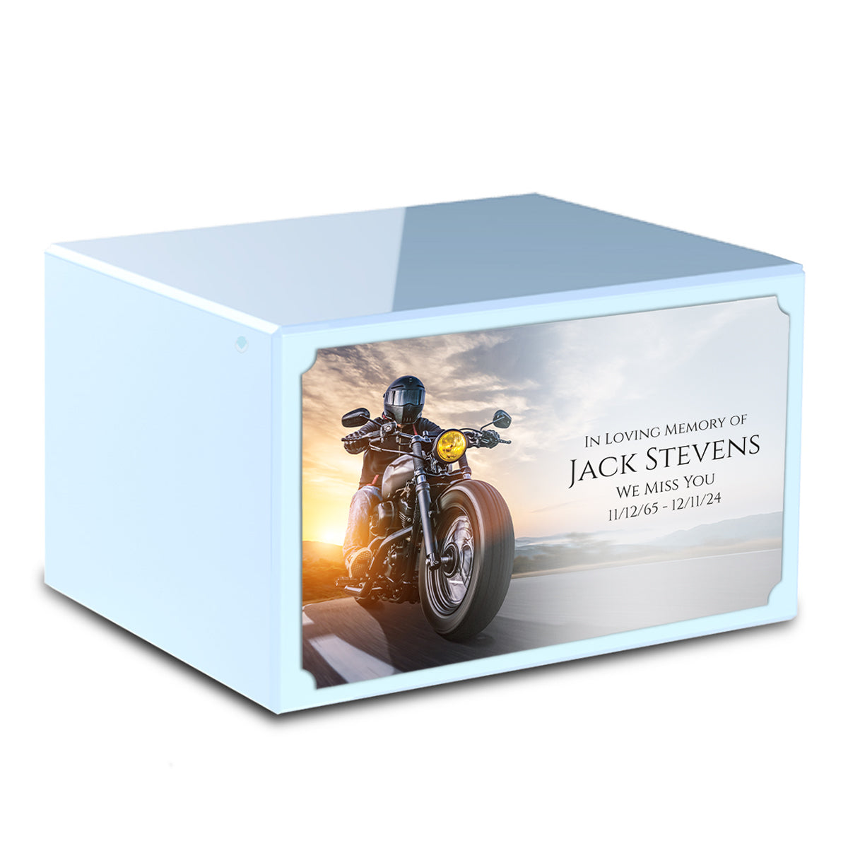 Custom Printed Heritage Light Blue Motorcycle Wood Box Cremation Urn