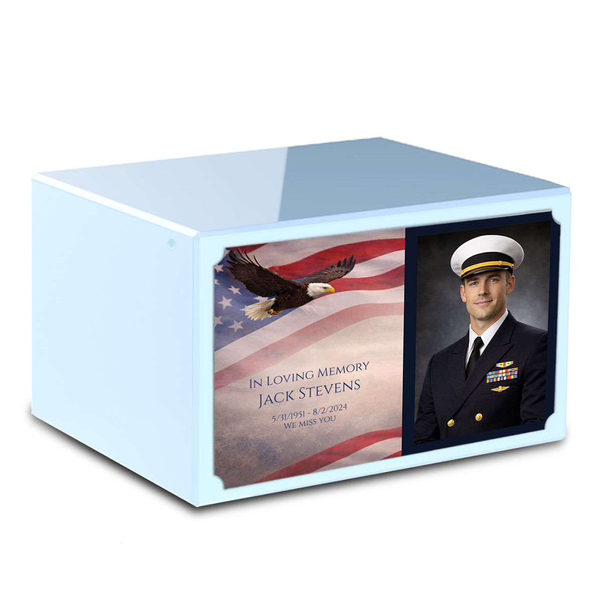 Custom Printed Heritage Light Blue Photo American Glory Wood Box Cremation Urn
