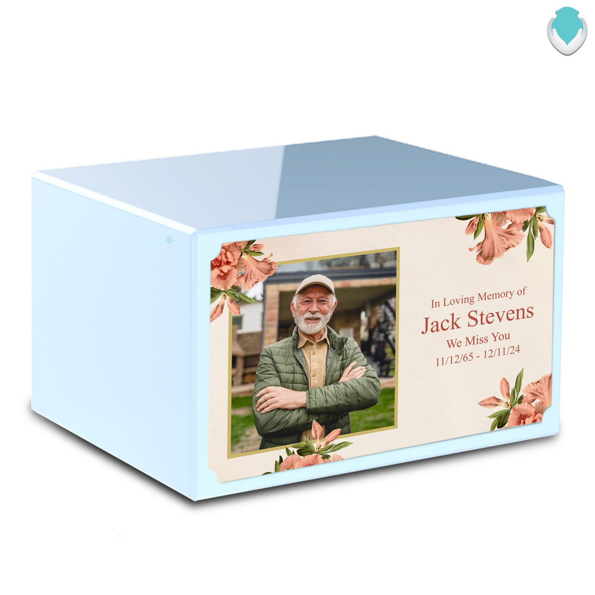Custom Printed Heritage Light Blue Azalea Flower Wood Box Cremation Urn