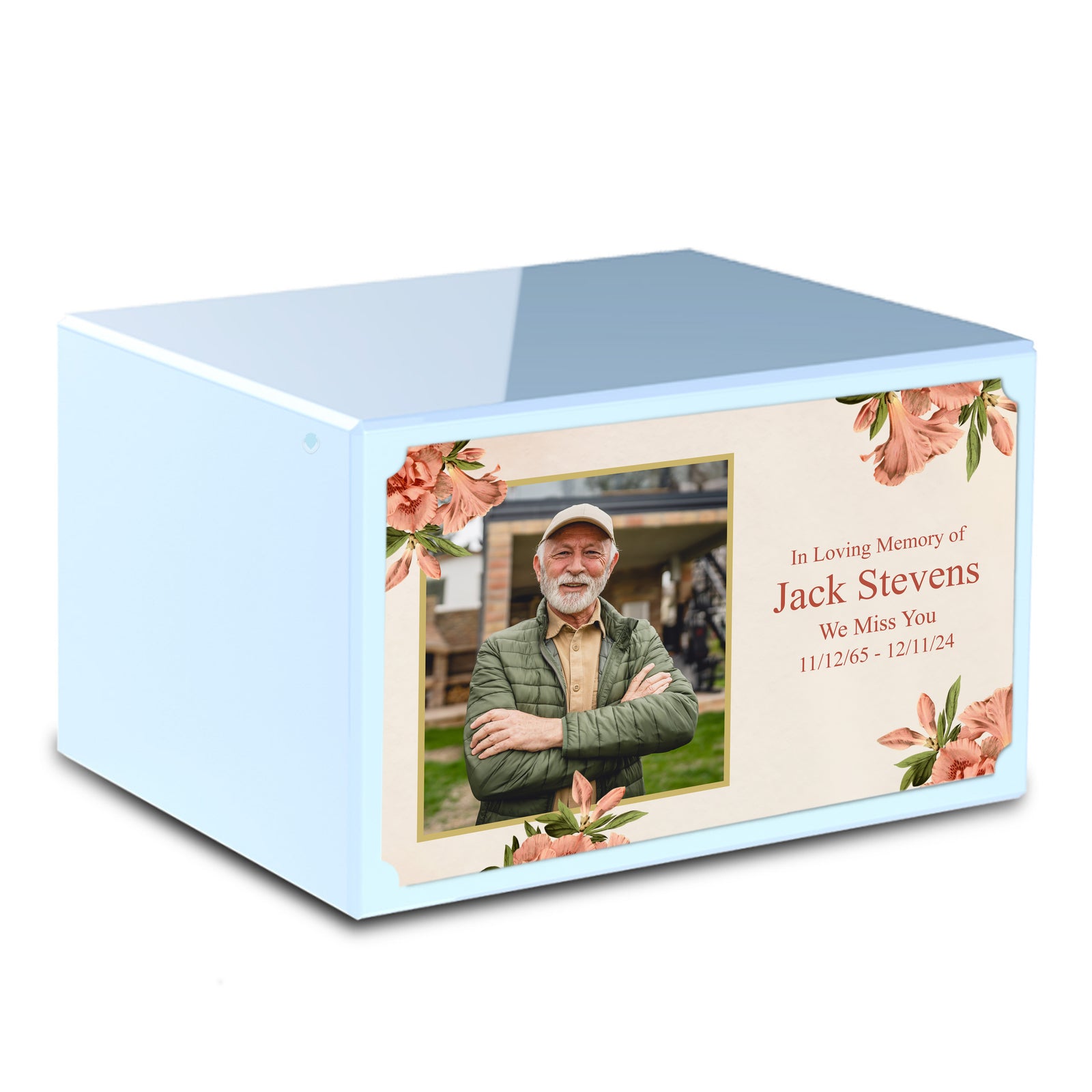 Custom Printed Heritage Light Blue Azalea Flower Wood Box Cremation Urn
