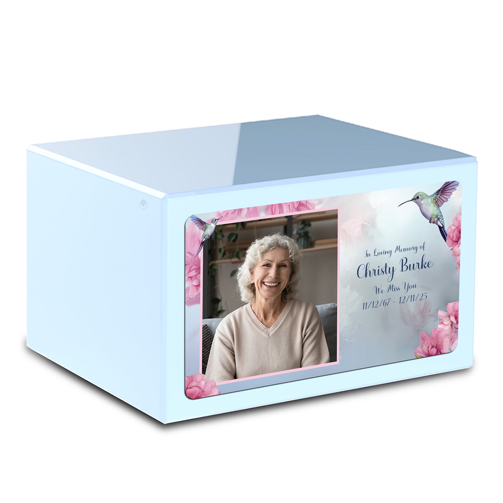 Custom Printed Heritage Light Blue Photo Hummingbird Wood Cremation Urn Box