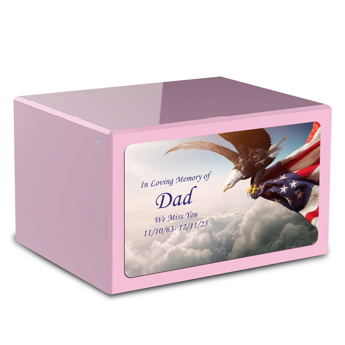 Custom Printed Heritage Light Pink American Eagle Wood Box Cremation Urn