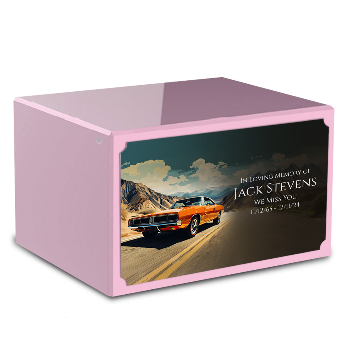Custom Printed Heritage Light Pink Classic Car Wood Box Cremation Urn