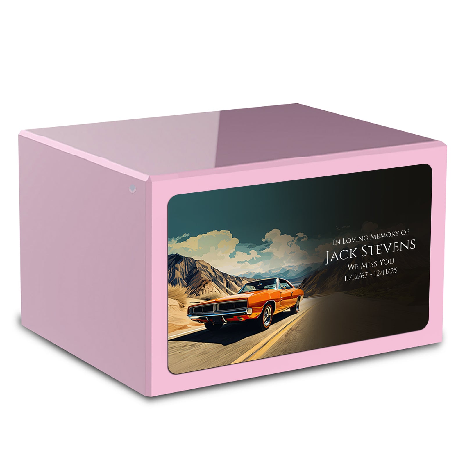 Custom Printed Heritage Light Pink Classic Car Wood Box Cremation Urn