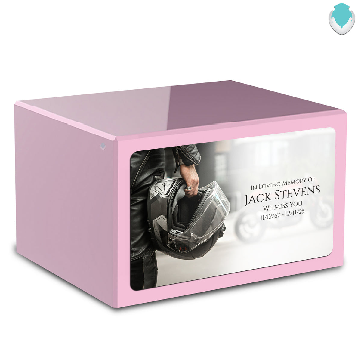 Custom Printed Heritage Light Pink Motorcycle Helmet Wood Cremation Urn Box