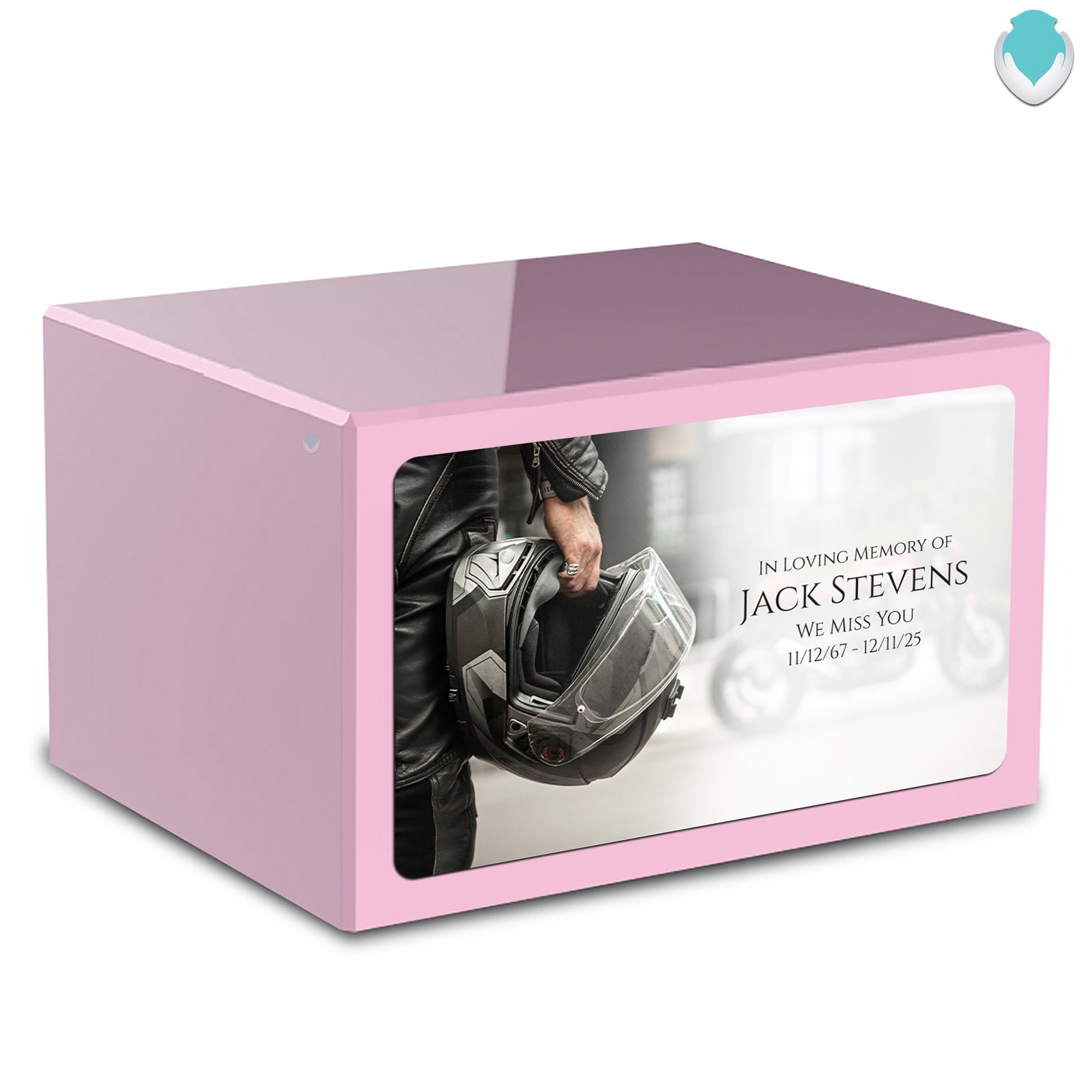 Custom Printed Heritage Light Pink Motorcycle Helmet Wood Cremation Urn Box