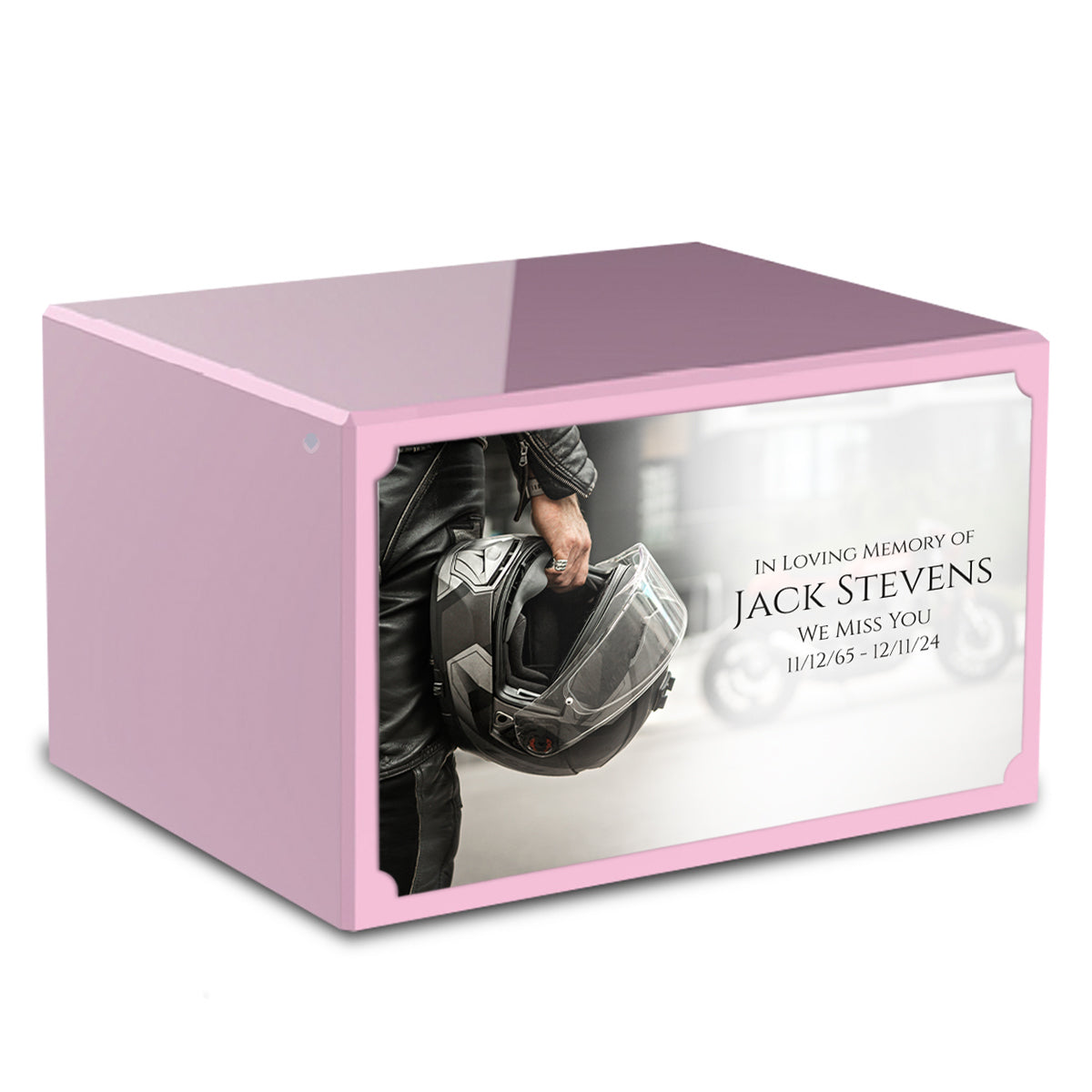 Custom Printed Heritage Light Pink Motorcycle Helmet Wood Cremation Urn Box